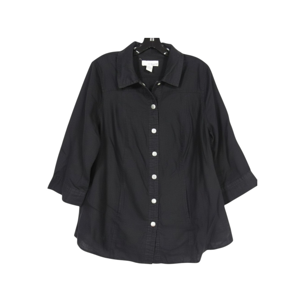 LUCY & LAUREL Midweight LINEN Black SNAP-DOWN 3/4 Sleeve JACKET SHIRT Sz 1X